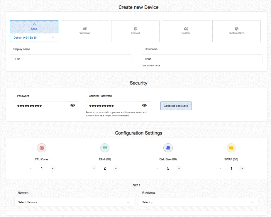 Screenshot of the creation of a new device via the wizard in the Xelon HQ.
