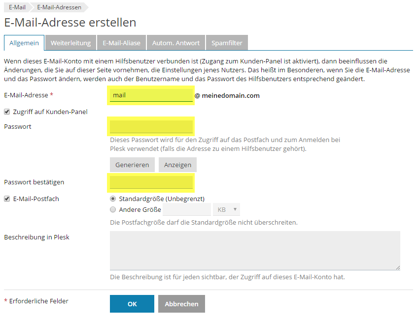 13_Email Adresse erstellen in Plesk_01