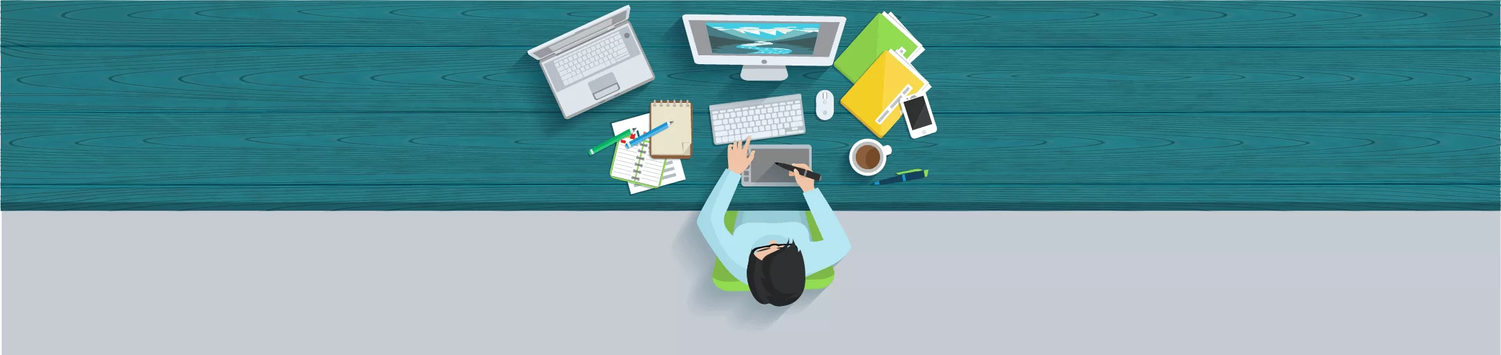 Illustration showing a work environment with PCs and notebooks